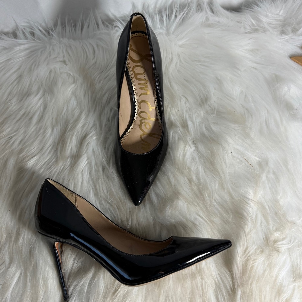 Sam Edelman Hazel Pointed Toe Pump Black Patent Leather Stiletto Heel Size 6N - Picture 2 of 6